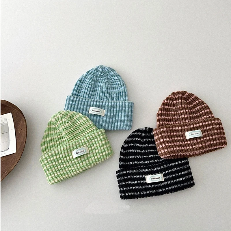 Kids Striped Knit Beanie Hat 2-7 Years Old Boys Girls Warm Winter Soft Stretchy Knitted Cap Children Colorful Stripe Skullcap