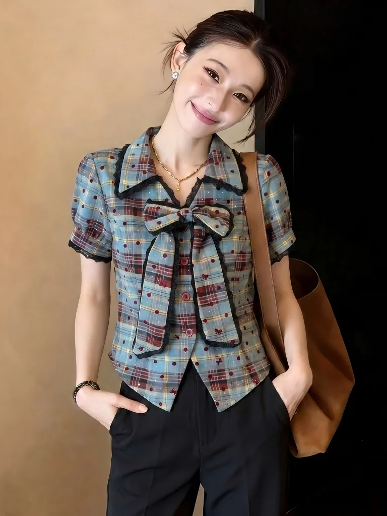

Summer New Style Women's Plaid Shirt Knot V-neck Short Sleeve Regular Fit Korean Fashion Commute Style Casual Top