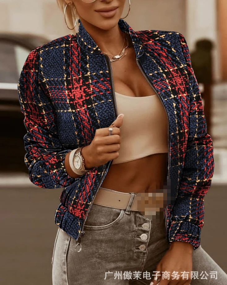 

Women's Fashion Coat 2024 Spring Summer Latest Casual Plaid Printed Jacket Academy Style Round Neck Long Slept Open Front Top