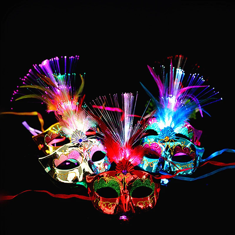 Multi Color Halloween LED feather Mask fiber optic prom party princess feather mask decoration supplies glow light mask