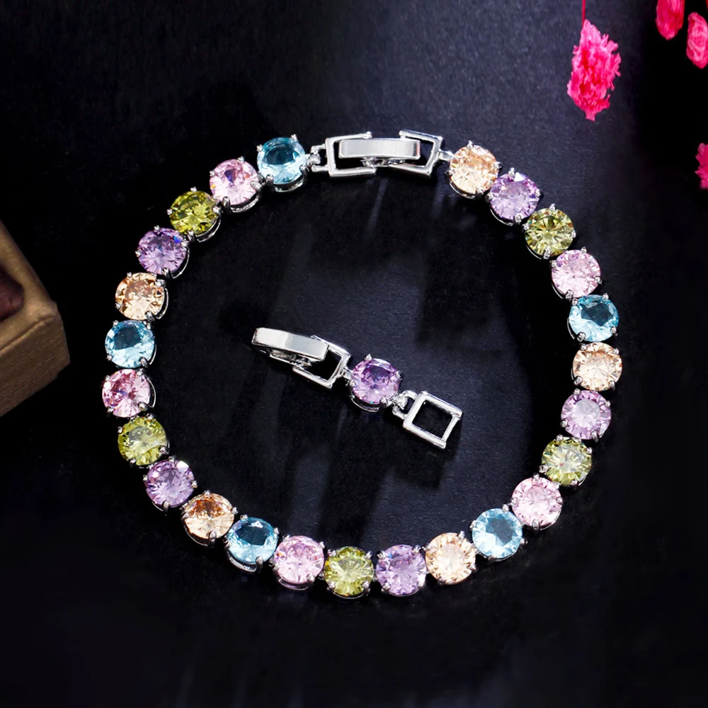 ThreeGraces Shiny Multicolor Cubic Zirconia Fashion Round CZ Tennis Bracelet for Women New Trendy Daily Party Jewelry BR388