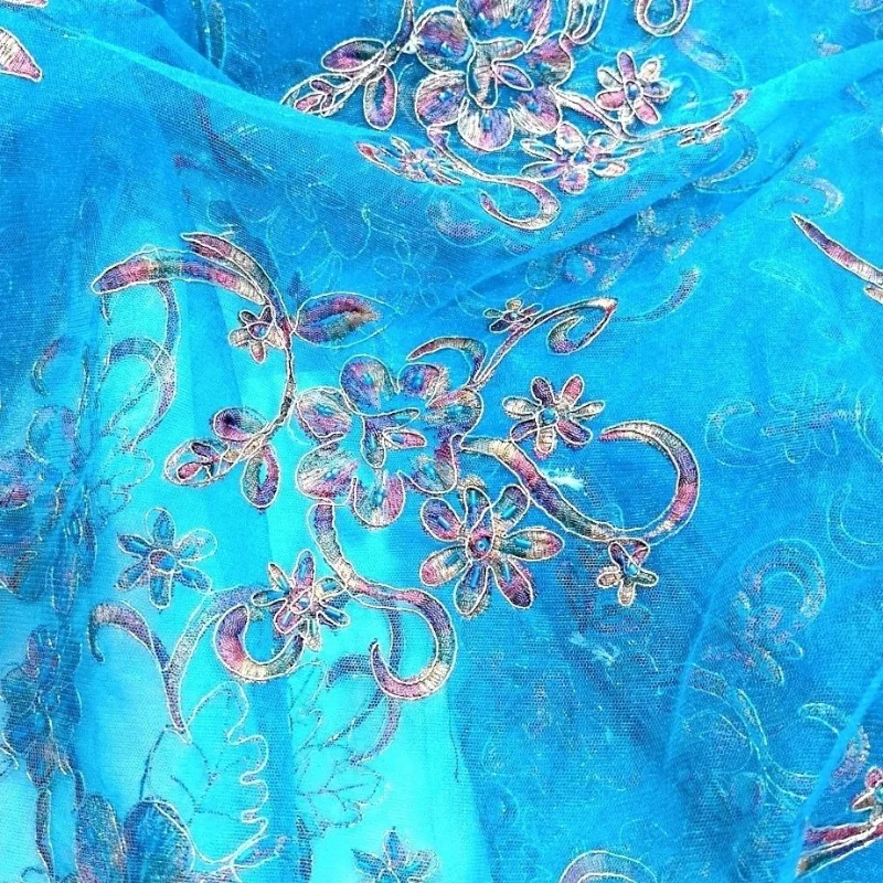 L100cm X W138cm Blue Tulle Chinese Style Gold Thread Heavy Embroidery Dragon Bone Bead Fabric Dress Curtain Designer  Wholesale