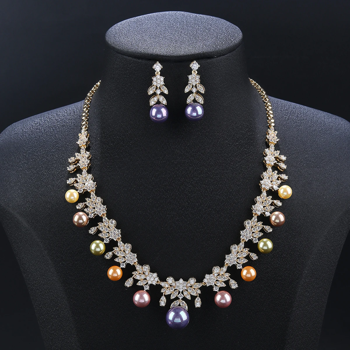 High Quality Cubic Zirconia Colors Pearl Flower Necklace Earrings set Women Party Jewelry Costume Accessories CN11557