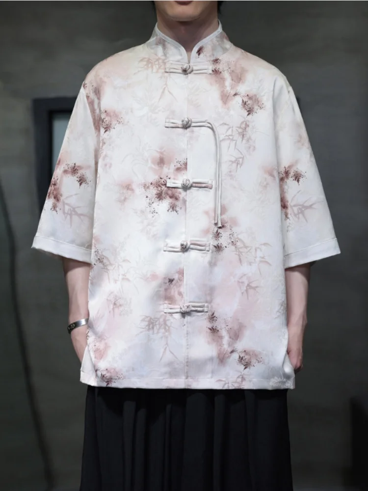 

Ice Silk ort Sve irt Thin Five Sve Men's Chinese Sle Summer Faionable Youth Printed Button down Loose Fit irt