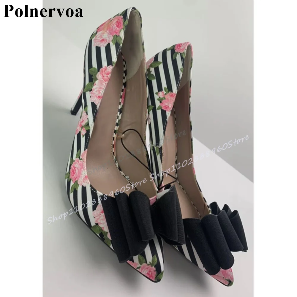 

Trendy Mixed Flower Print Bowknot Decoration Pumps Thin High Heel Shoes For Women Slip On 2025 Fashionable Zapatos Para Mujere