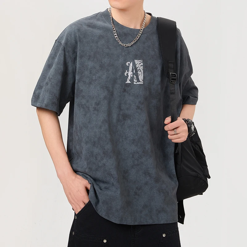 High-density knitted T-shirt men's plus size loose men's clothing fashion Korean style printed casual stretch summer menswear