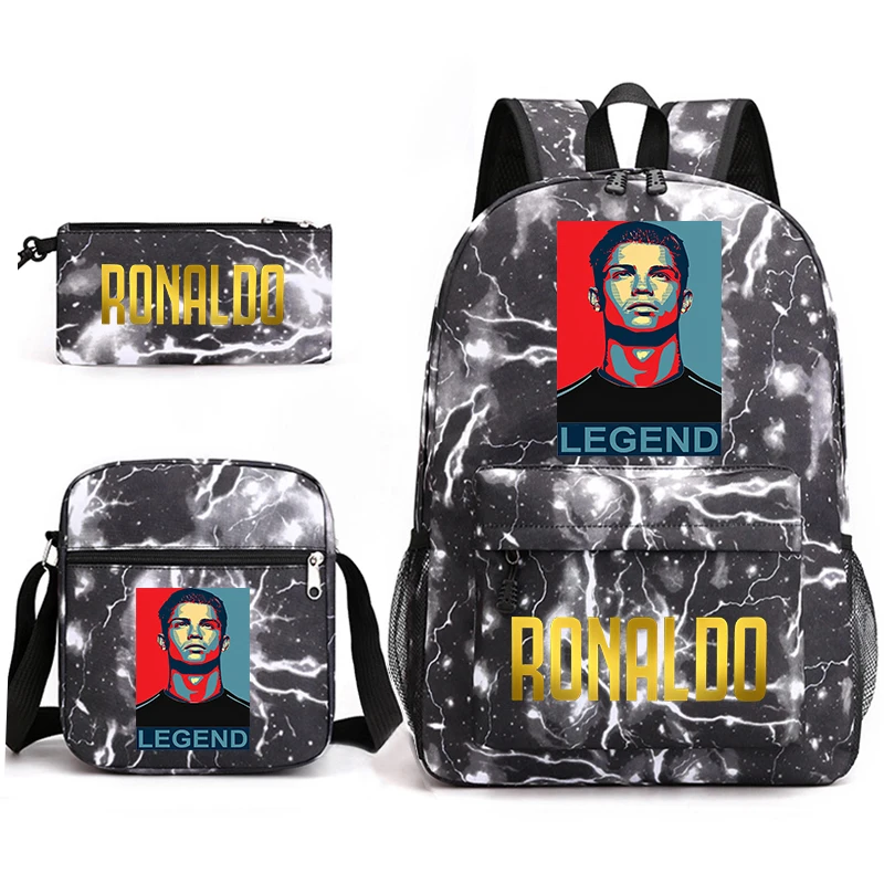 Mochila escolar con estampado de Ronaldo para estudiantes, conjunto de 3 piezas, mochila juvenil, estuche para lápices, bolso de hombro