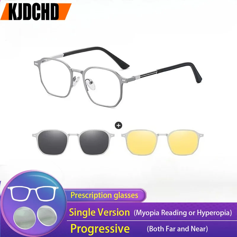 KJDCHD Men Aluminum Magnesium Prescription Glasses 3-in-1 Polarized Magnetic Absorbing Sunglasses Progressive Eyeglasses 7036