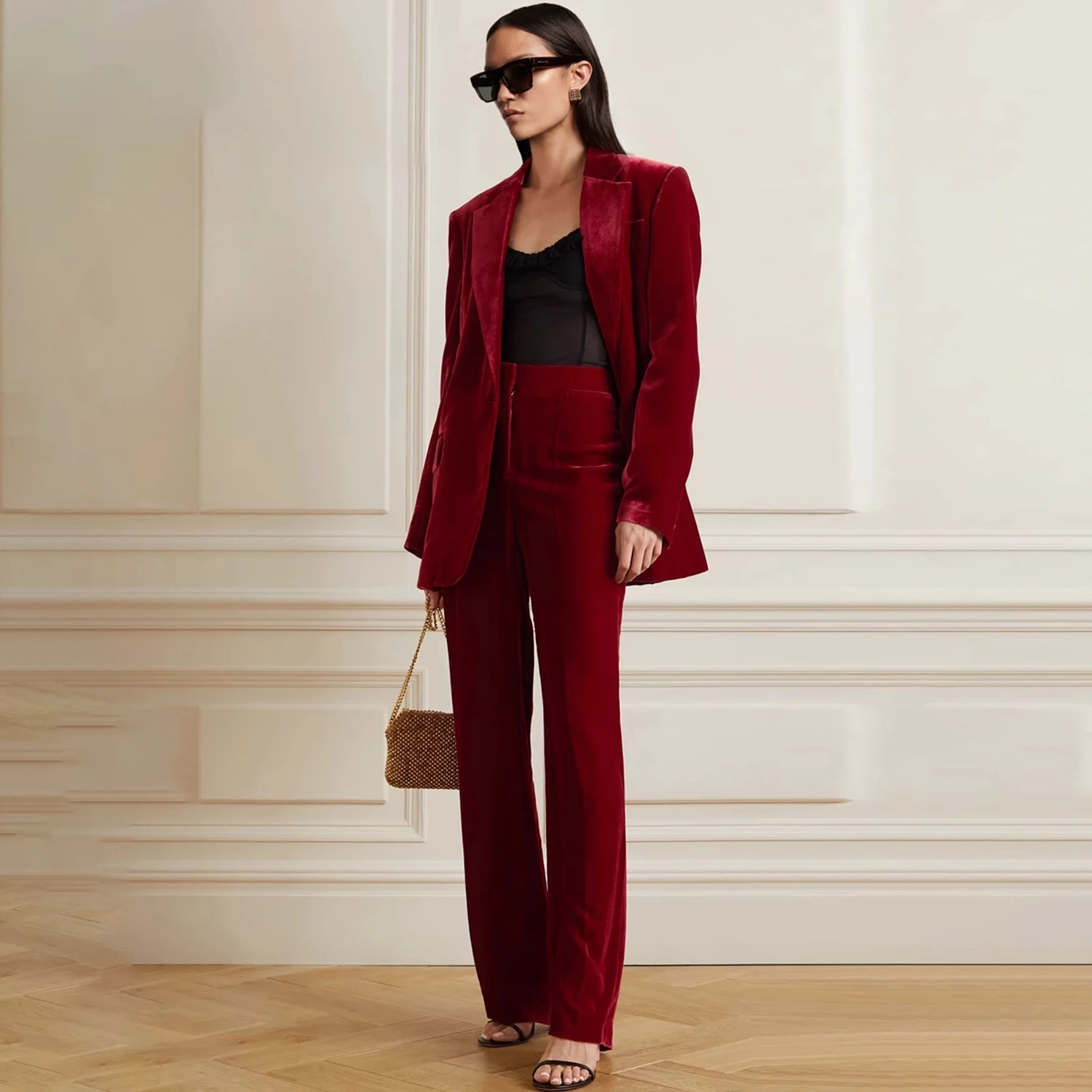 Allingentle Flannel Women's 2 Piece Set Business Suit Elegant Flat Collar Blazer Pantsuit Set for Party Office Outfits Customize