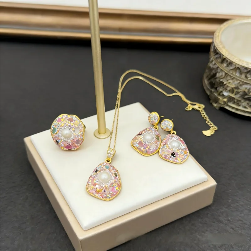 Baroque Pearl Rose Quartz Set Necklace Earrings Ring Heart Chakra Healing Crystal Inner Strength Unique Beauty Jewelry Gift