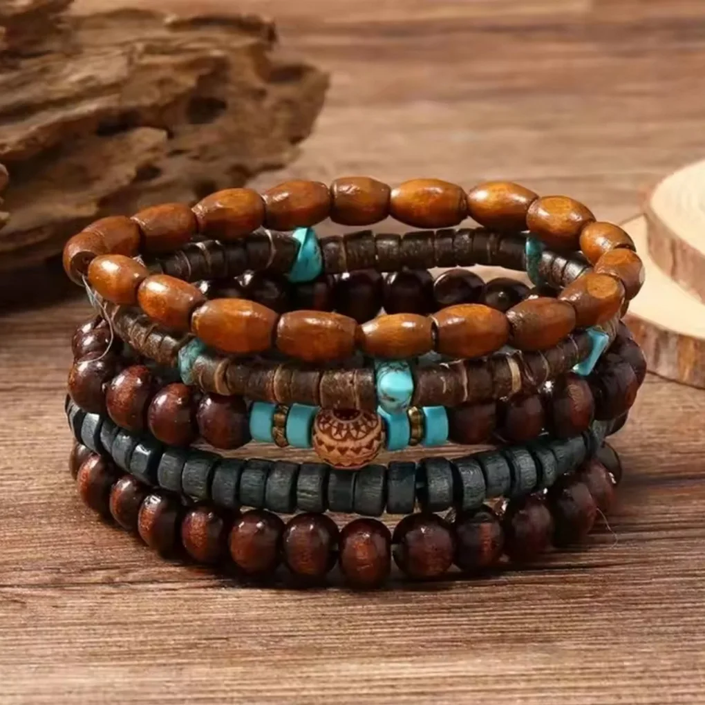 5Pcs Holz Perlen Perlen Armband Set Für Männer Frauen Vintage Holz Perlen Elastische Kette Armreif Mode Täglichen Party schmuck