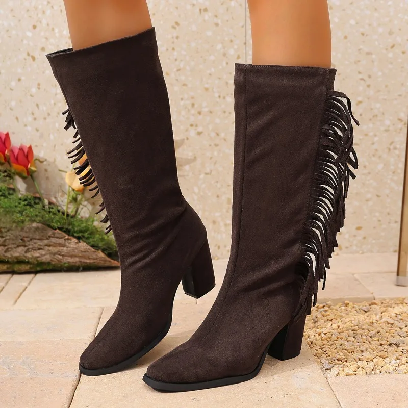 

Высокие сапоги на блочном каблуке с кисточками, модные нескользящие туфли на высоком каблуке с круглым носком и боковой молнией для женщин