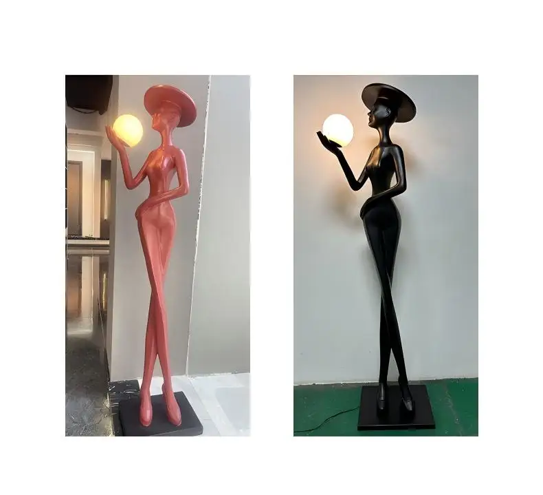 Modern Art Sculpture Floor Lamp Living Room Lobby Clubhouse Creative Hat Wearing Girl Figure Ornament Fiberglass Standing Lamp