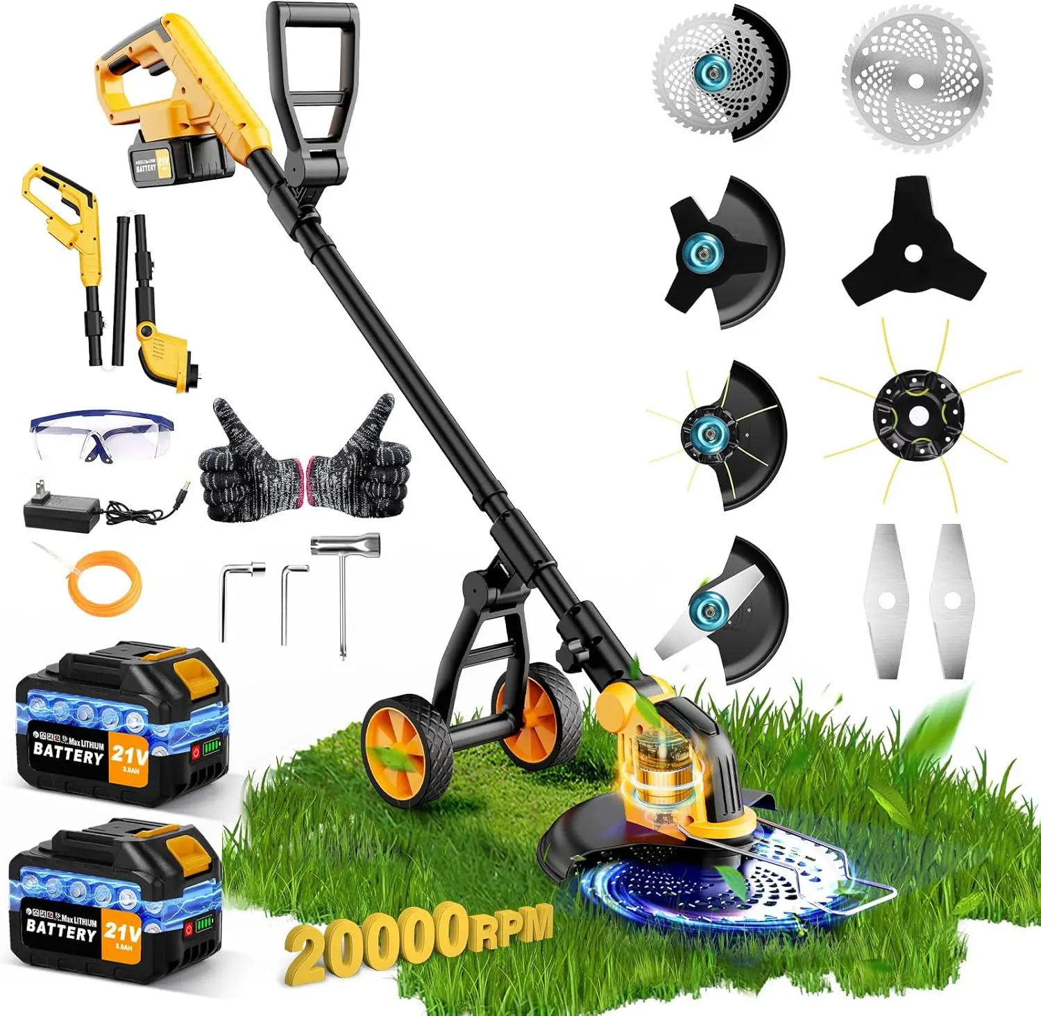 

Беспроводной кусторез с бесщеточным двигателем, 20000 об/мин, аккумулятор 6000 мАч, мощный садовый инструмент с металлическим лезвием и колесом