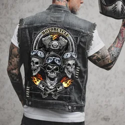 Herren Frühling und Sommer vier Jahreszeiten neue heiß verkaufte Street Riding Motorrad Peng Skull Print ärmellose Weste Jeans jacke