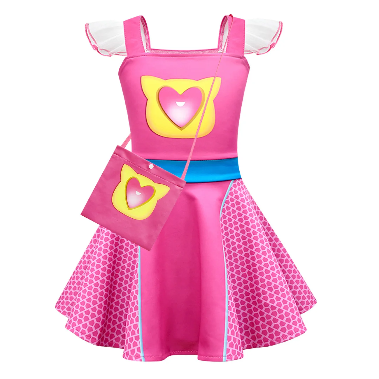 Children SuperKitties Costume Kids Cosplay Super Cat Clothes for Girls Flying Sleeved A-Line Dress + Bag Carnival Birthday Gifts