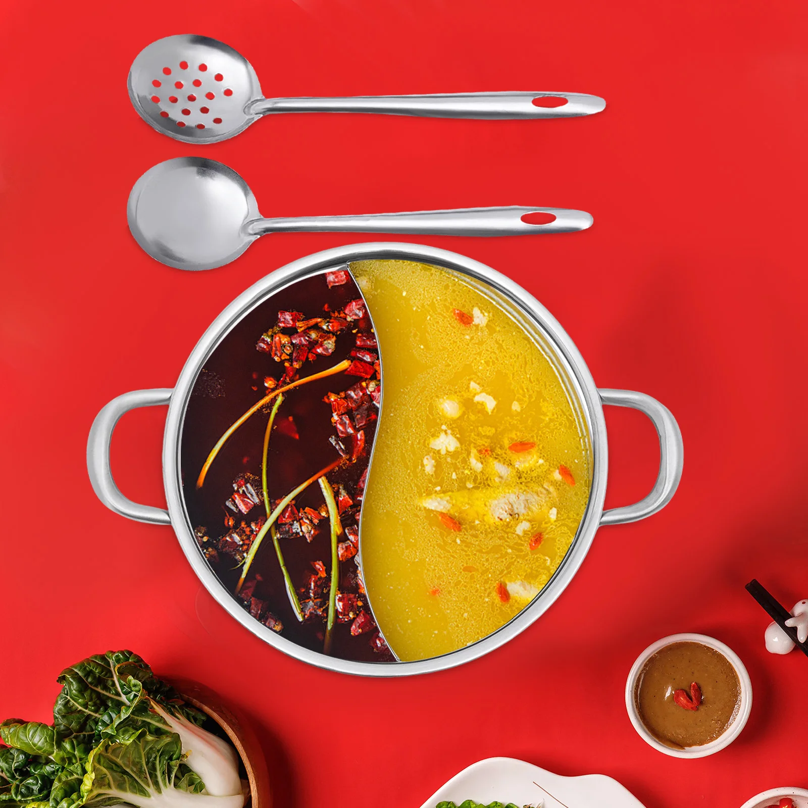 

Серебряная кастрюля из нержавеющей стали с разделителем и стеклянной крышкой Горячая кастрюля с ложкой/койная ложка Подходит для приготовления горячей кастрюли