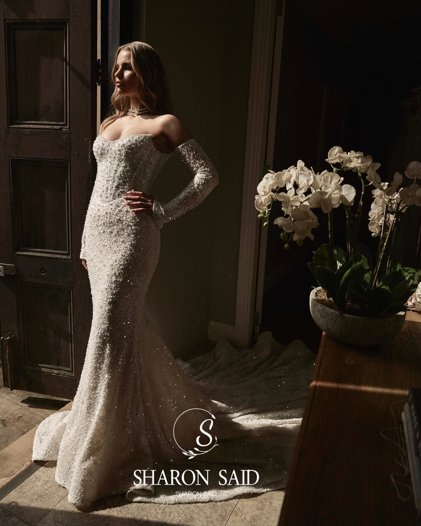 Sharon Said Abiti da sposa a sirena con perline Dubai di lusso di fascia alta 2025 con gonna oversize maniche lunghe Abiti da sposa SW060 Personalizzato