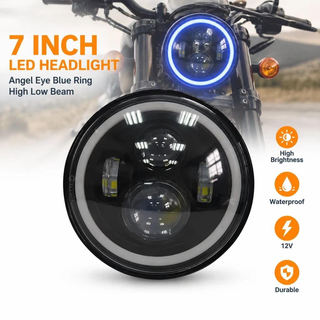 1Pc 7 Inch Round LED Motorcycle Offroad Headlight Angel Eye Blue Ring High Low Beam 12V Waterproof for Harley Jeep Wrangler