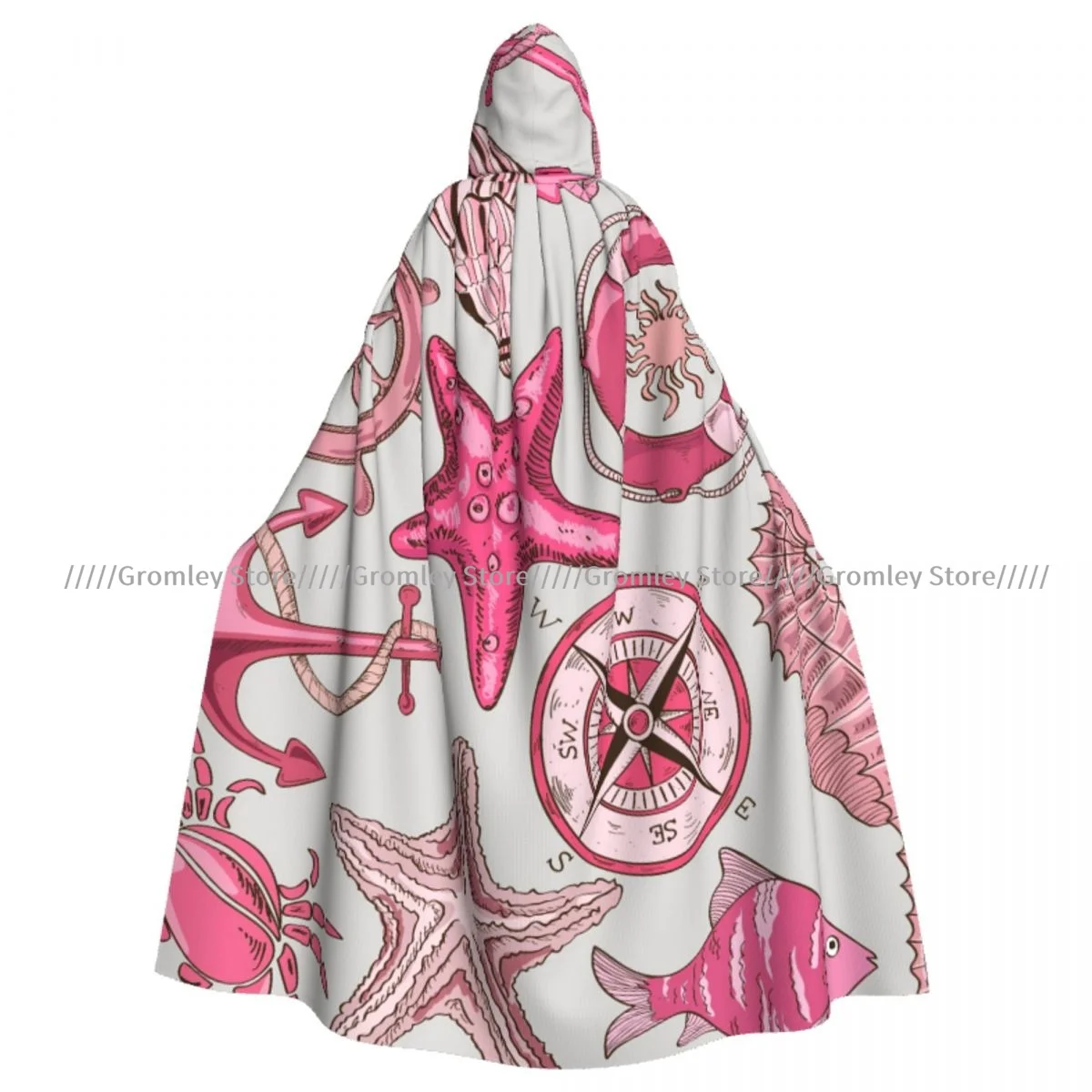 Pink Sea Wheel Anchor Starfish Pattern Witch Cloak Hooded Cosplay Costume Halloween Adult Long Party Cape