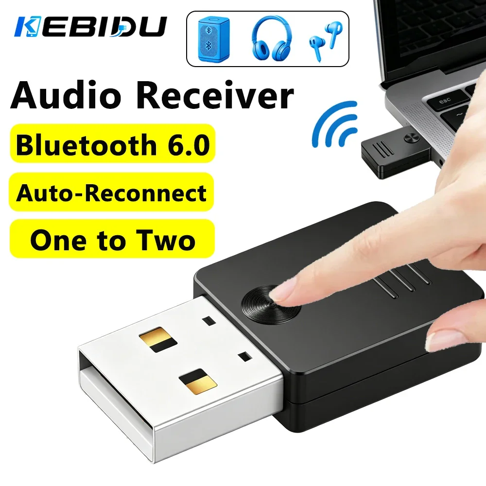 KEBIDU Bluetooth 6.0 Audio-Empfänger, USB-Dongle, One-to-Two-Musikempfänger, kostenloser Treiber, kabelloser Empfänger für Lautsprecher, Kopfhörer