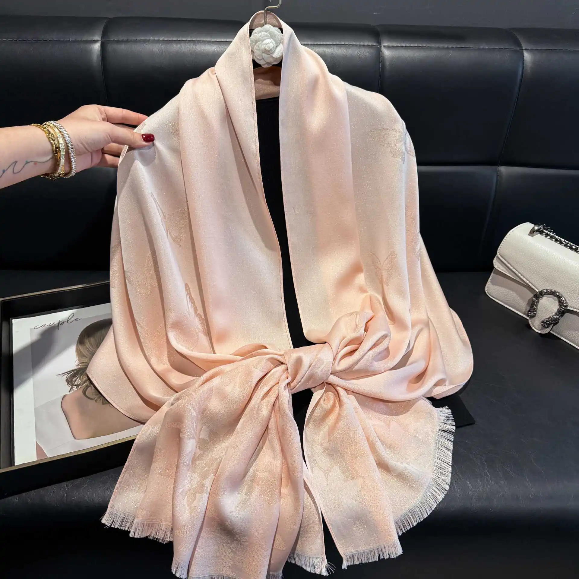 

2025 New Spring/Summer Silver Silk Shawl with Ethnic Style Silk Scarf, High Fashion Long Scarf, Shawl Sand