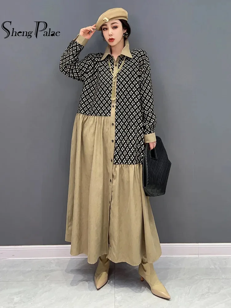 SHENGPALAE Korean Loose Lapel Dress For Women Elegant Chic Printing Color Blocking Fashion Female Vestido Robe 2024 Spring R2470