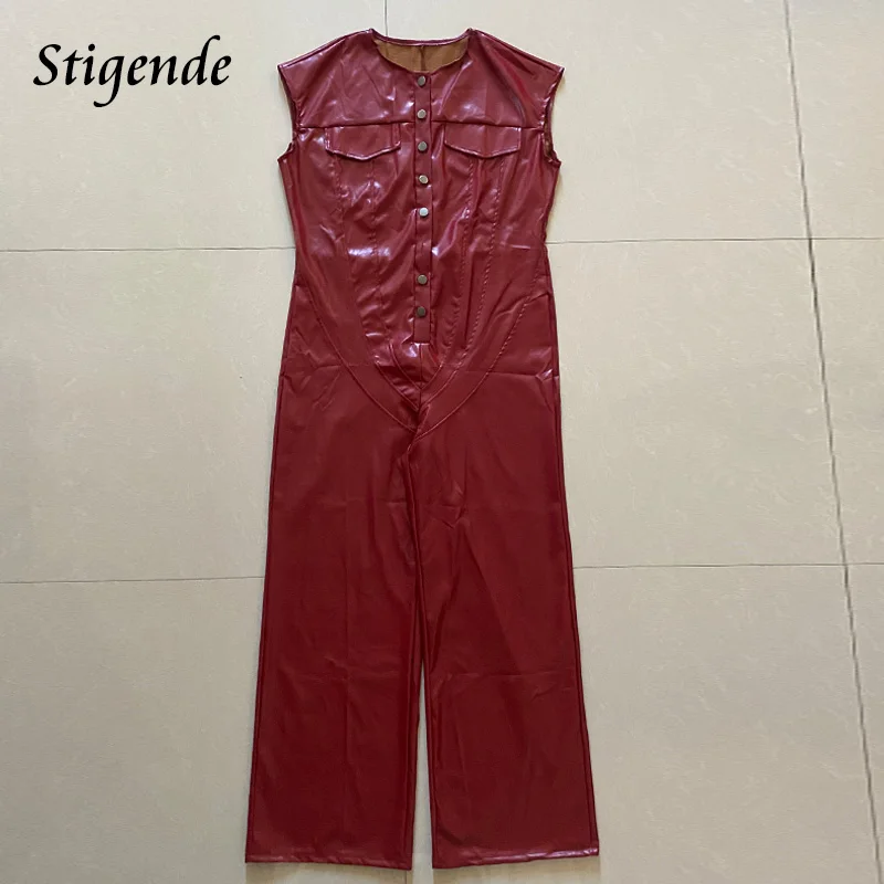 Stigende Women Button Up Wide Leg Pu Jumpsuit Sleeveless Stretch Faux Leather Jumpsuit