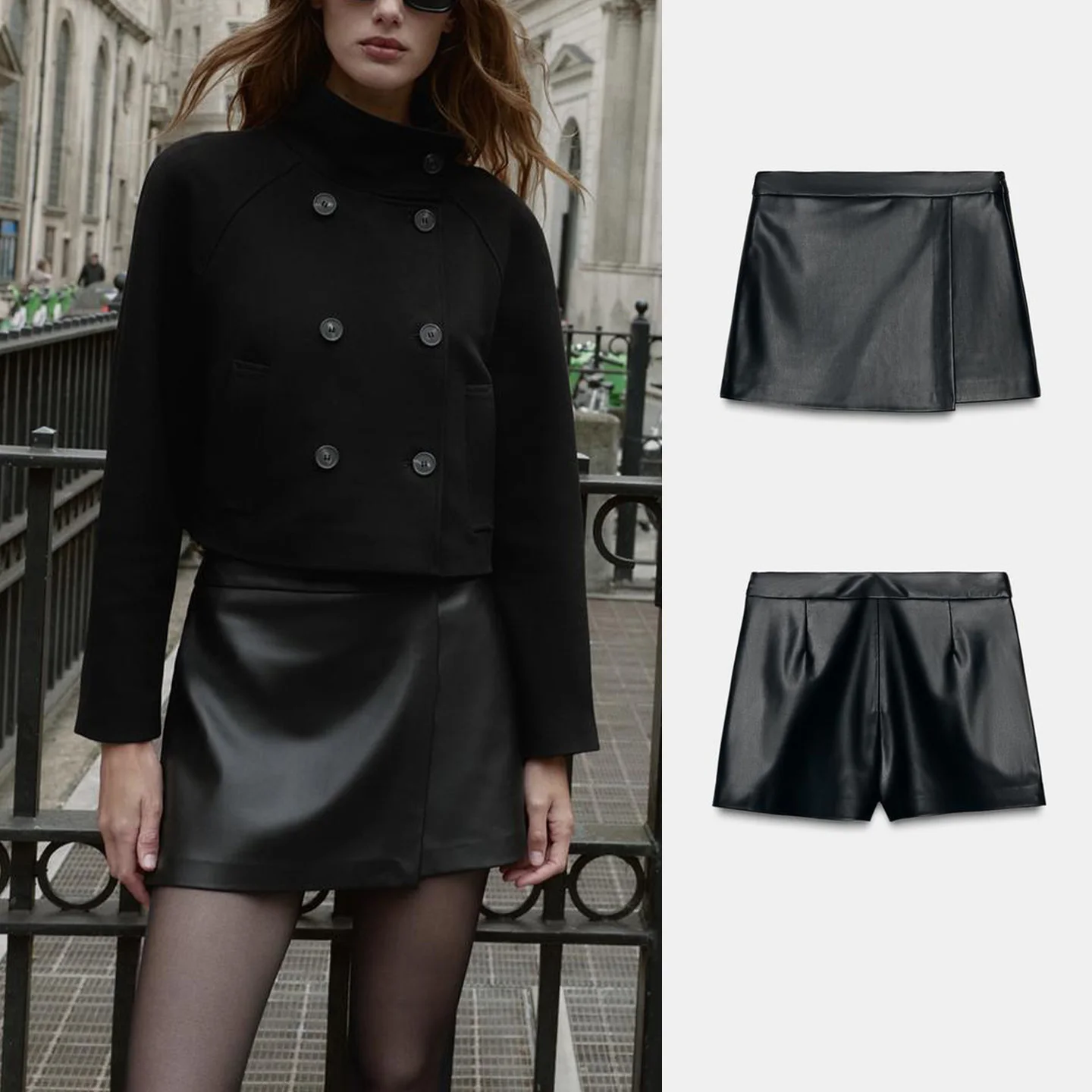 High Waist Asymmetric PU Leather Black Double Breasted Skirt Pants Women's Fashion Autumn Winter New Style A-Line Midi Skirt