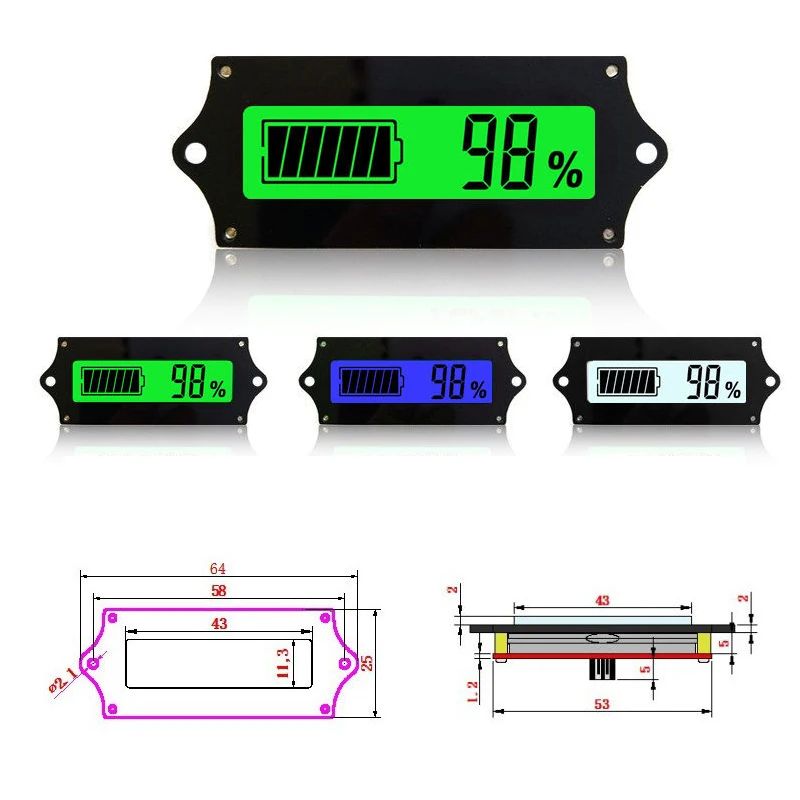 3 Color New DC6-63V Digital Voltmeter Tester Lithium Battery Capacity Indicator Energy Display Board Battery Level Parts