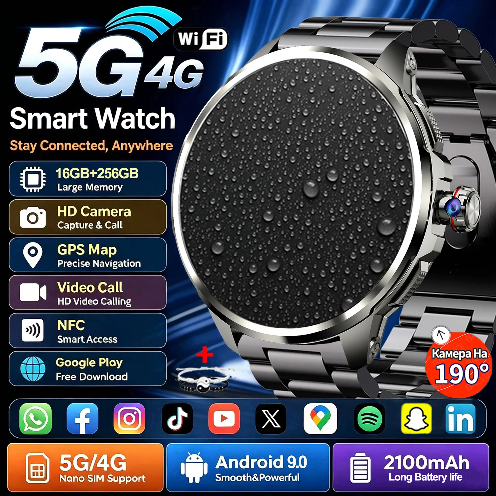 4G Full Network Smart Watch 1.95 inch HD AMOLED Screen Video Call 16GB+256GB RAM 2100mAh Google APP WIFI GPS Smartwatch Calendar