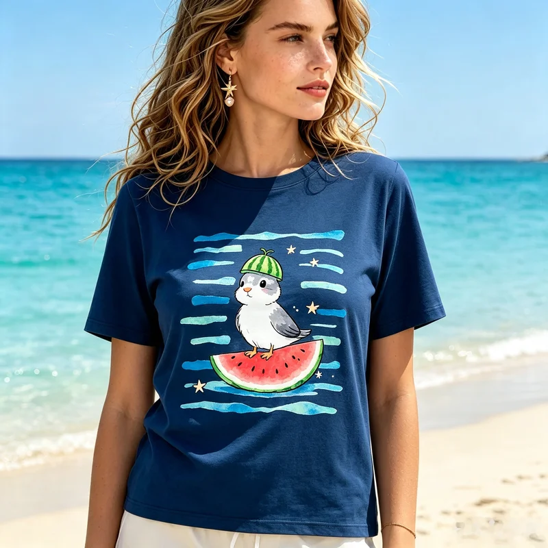 Summer Watermelon Bird Graphic T Shirt Ocean Blue Wave Design Soft Cotton Short Sleeve Ladies Beach Holiday Casual Top