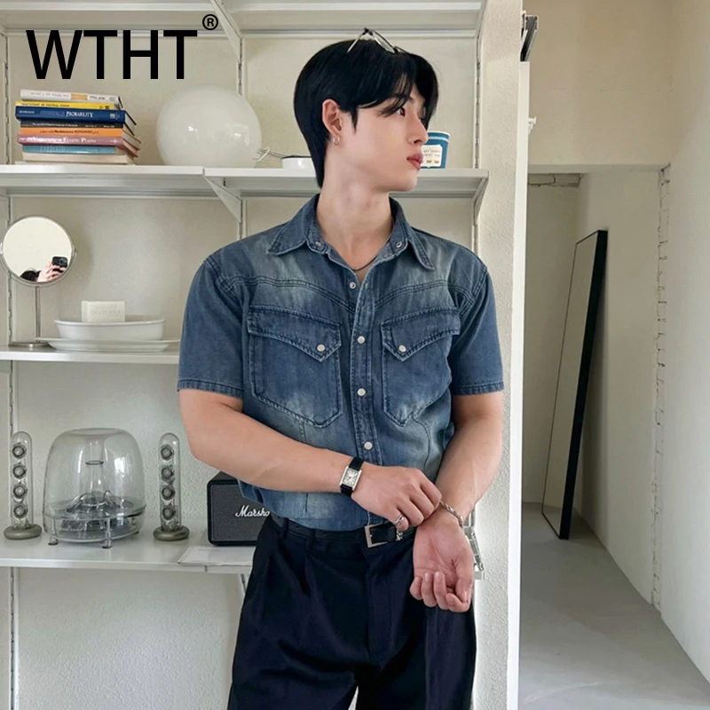 

WTHT Vintage Men's Gradient Wash Pockets Denim Casual Shirts Fashion 2025 Summer Korean Style Short Sleeves Tops Male 2A1166