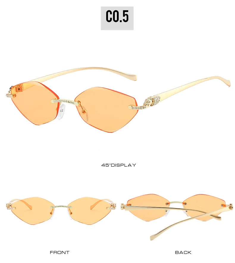 Neue Ins-Famous randlose Cat-Eye-Sonnenbrille – dünner Goldmetallrahmen mit Strasssteinen, UV-Schutz, trendige Farbtöne – Detail 11