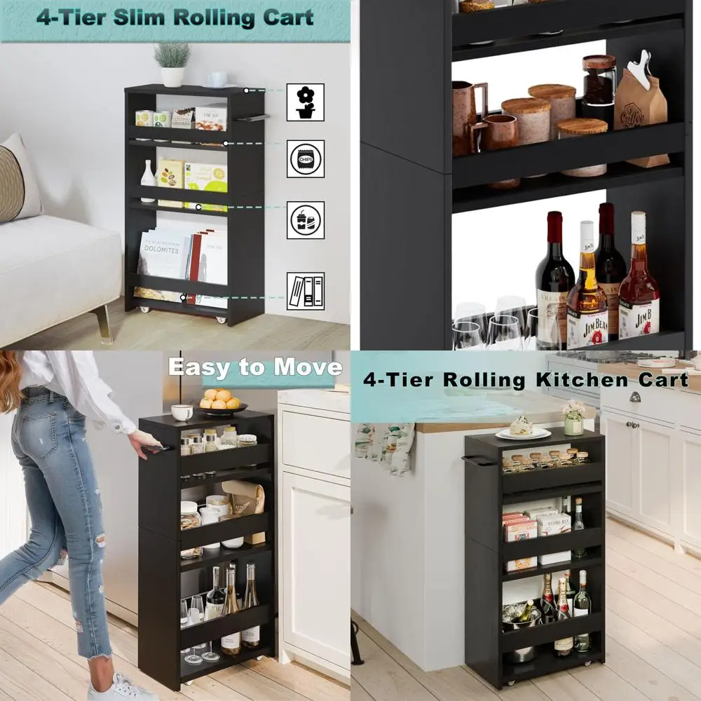 

4-Tier Slim Rolling Kitchen Cart with Handle, All-Black Mobile Storage for Bathroom, Laundry, and Compact Spaces
