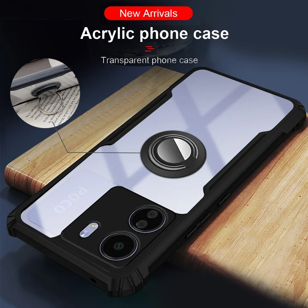 For Xiaomi Poco C65 Acrylic Phone Case with Ring Stand PocoC65 Cover Xaomi Poko C 65 Xiomi Pocco 65C Xiami Poxo Protective Shell