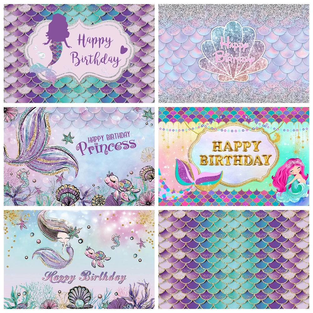 Sirena Baby Shower sfondo per la fotografia castello subacqueo Glitter Shell Girl 1st Birthday Cake Smash Decor Photo Background