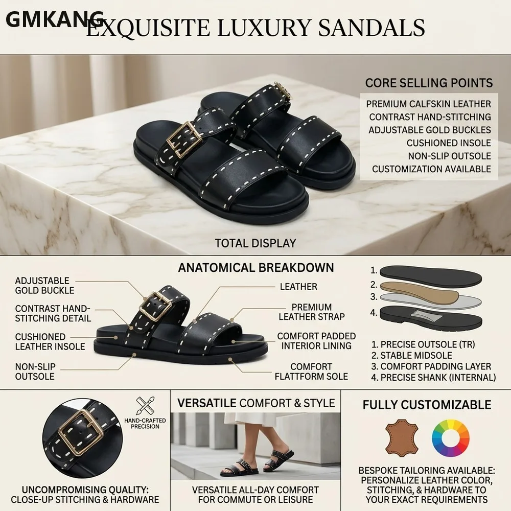 Women Double Strap Slide Sandals Adjustable Metal Buckle Contrast Stitch Flat Slip On Slippers Summer Beach Daily