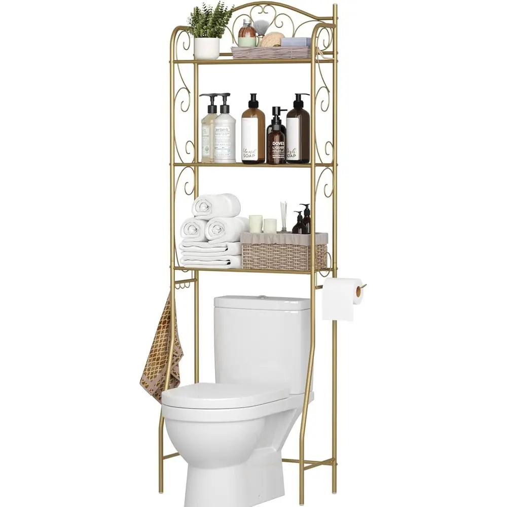 

3-Tier Over Toilet Bathroom Organizer Rack with Hooks, Gold