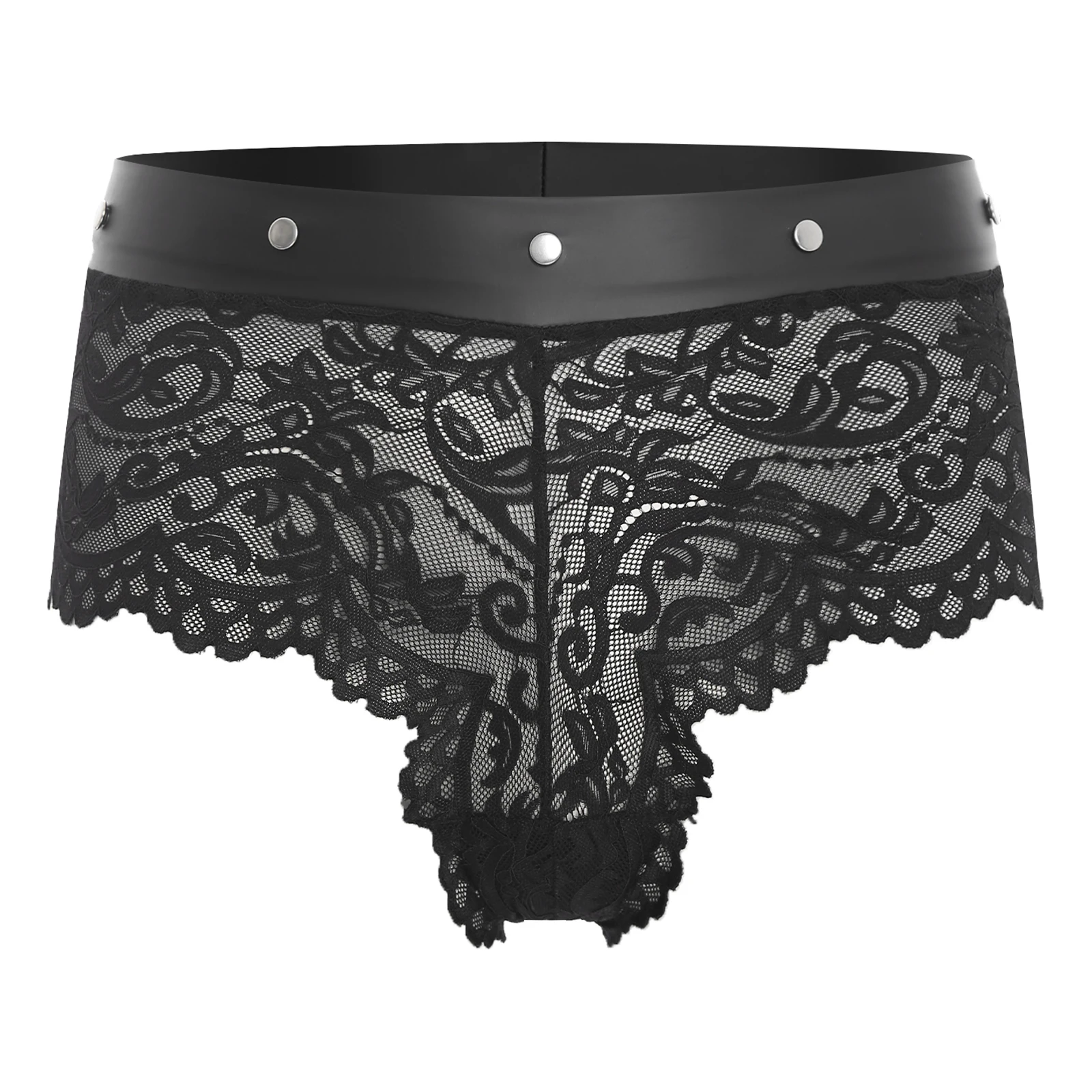 

Women See Through Floral Lace Panties PU Waistband with Rivets Decor High Waist Briefs Underwear Tempting Lingerie Nightwear