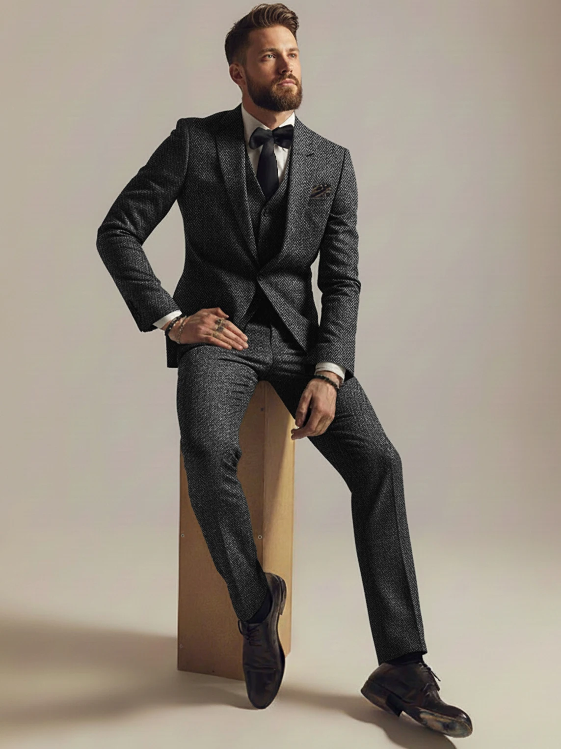 

Elegant Double Breasted Men's Suits Herringbone 2-Piece Slim Fit Formal Suits Wedding Party Business Wear Tuxedo (Jacket+Pants)