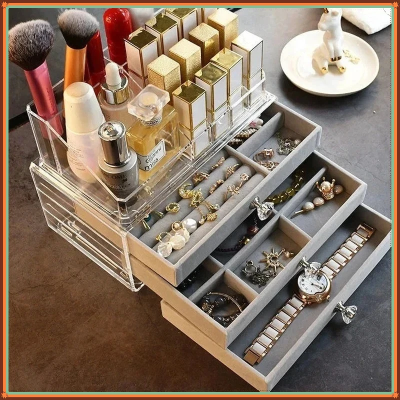 3-Schubladen-Schmuckaufbewahrungsbox aus Samt, große Kapazität, staubdichter Tisch-Organizer für Halsketten, Ohrringe, Ringe, Armbänder, für Zuhause