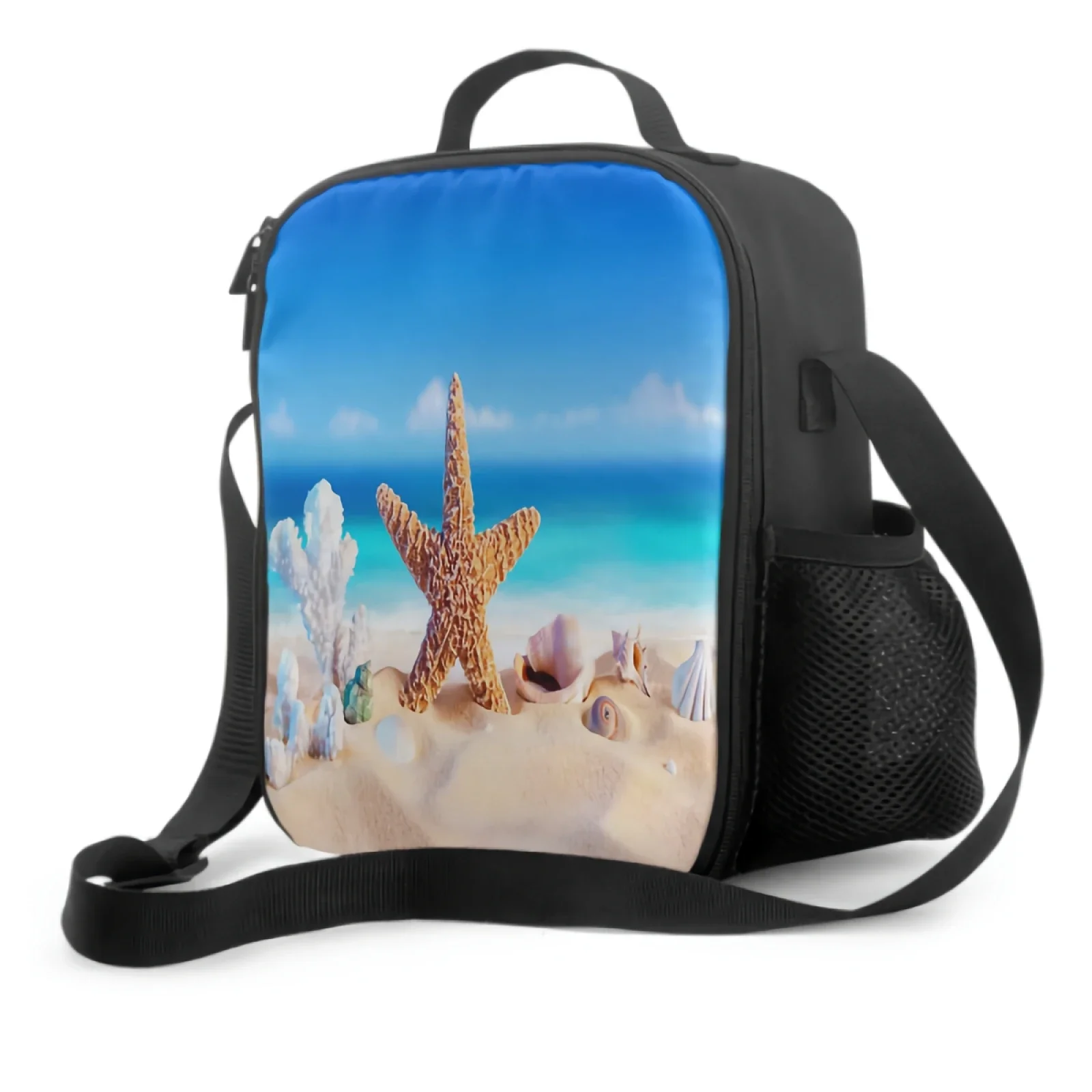 Starfish Seashell Beach Insulated Lunch Bag for School Work Picnic Ocean Nautical Theme Tote Lunch Box Containers Cooler Bag