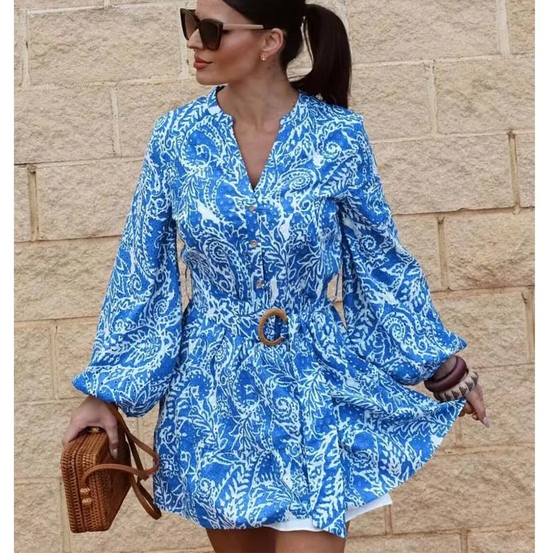 YENKYE 2025 Vrouwen Met Riem Borduren Print Shirt Jurken Lange Mouw V-hals A-lijn Korte Casual Jurk Lente Zomer Vestidos