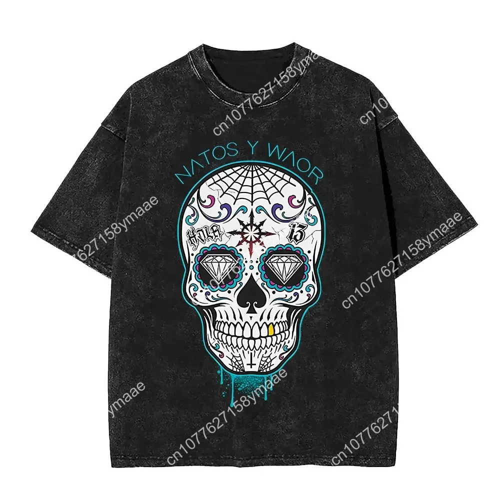 Washed Vintage Rapper NATOS WAOR Skeleton Graphic T-shirt Men Women Fashion Hip Hop Oversized Short Sleeve T Shirts Streetwear