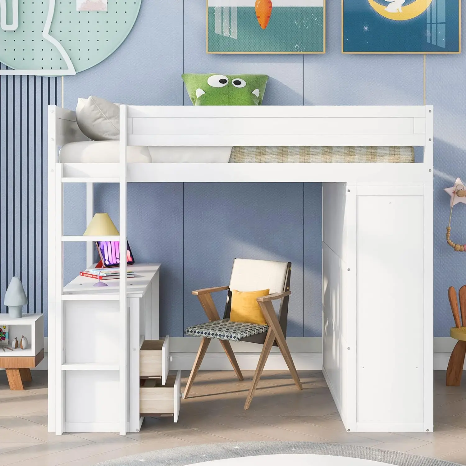 P Purlove Full Size Loft Bed Met Kasten, Houten Loft Bed Frame Met Bureau En 2-Lades Full Size Loft Bed Met Kast