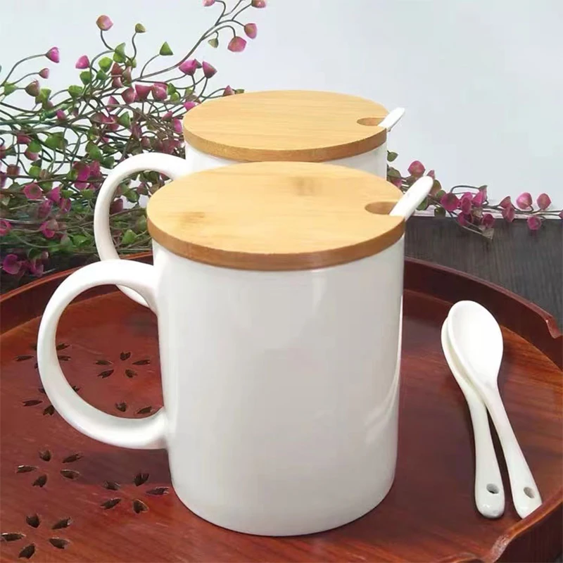 

Cute ceramic cup Breakfast coffee milk cup with wooden lid spoon cup Home office drinking cup Couples gift