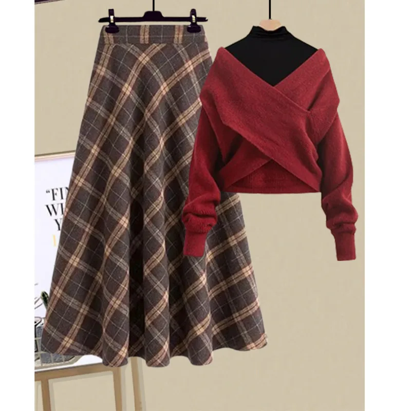 Fall Winter French Retro Plaid Skirts 3 Piece Sets For Woman Outfits Ladies Elegant Basic Shirts+cross Knitted Sweater+Skirt Set