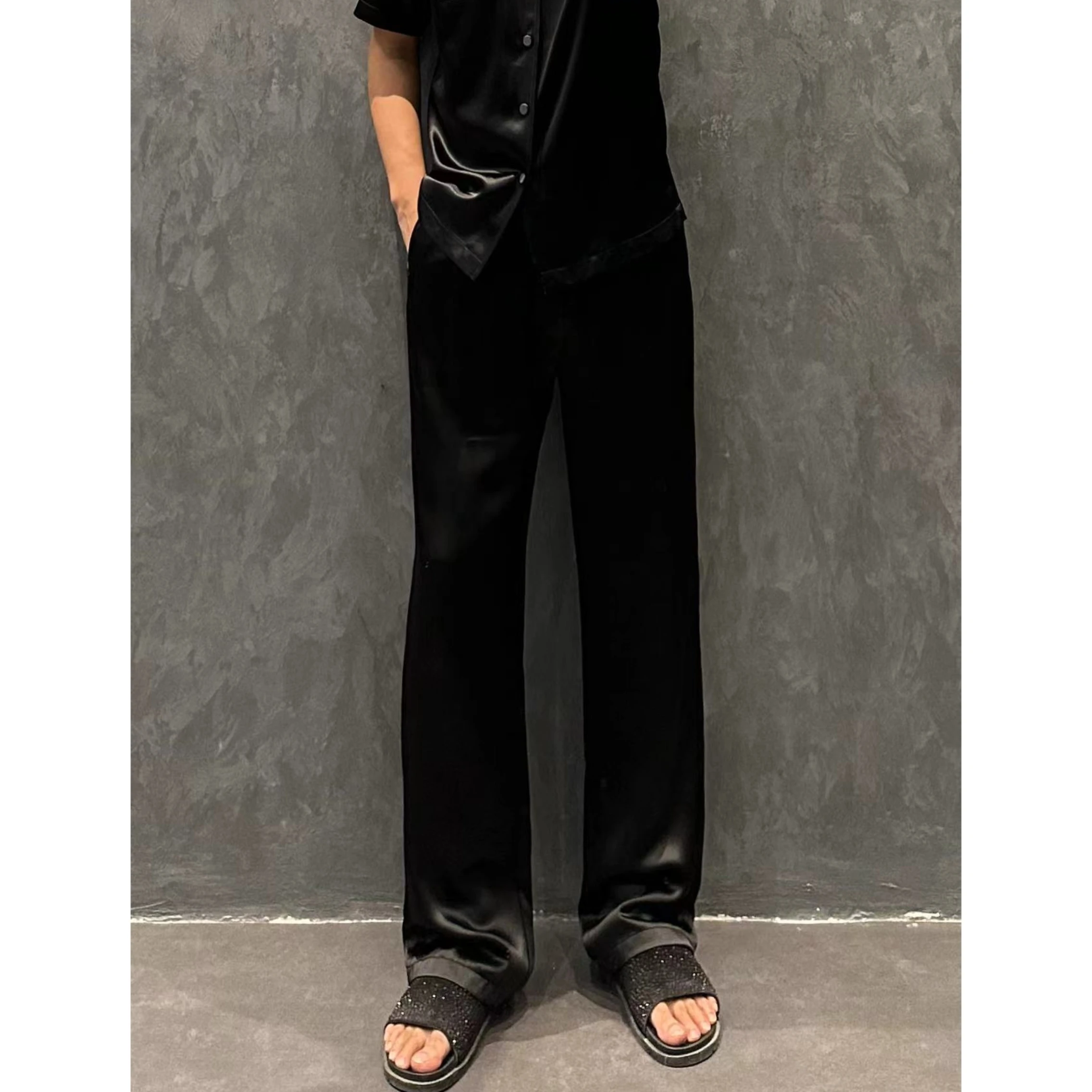 

Летние легкие брюки из ацетатного шелка с эффектом охлаждения, не мнущиеся, широкие прямые, повседневные, мужские, свободные, класса люкс, дышащие