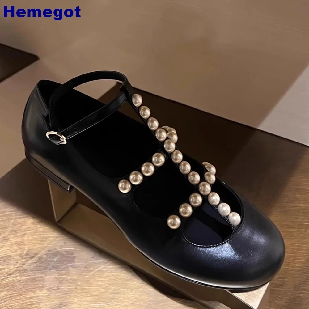 Genuine Leather Pearl Mary Janes Summer Black Fashion Women Casual Buckle Pumps Luxury Shallow Elegant Round Toe Flat Shoes